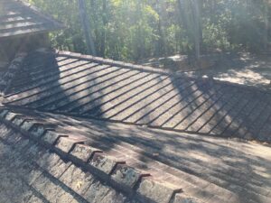 Residential roof with visible tile panels in wooded area with sunlight filtering through trees