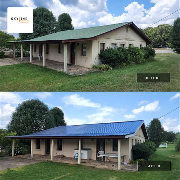 Before and after for a residential roof replacement from skyline contracting