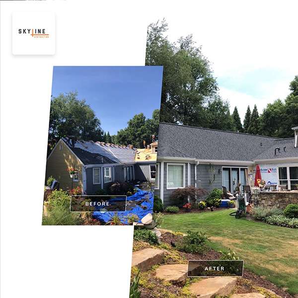 Before and after of a roof repair job by skyline contractors