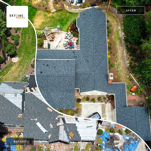 top view of a before and after of a residential roofing replacement job from skyline contracting