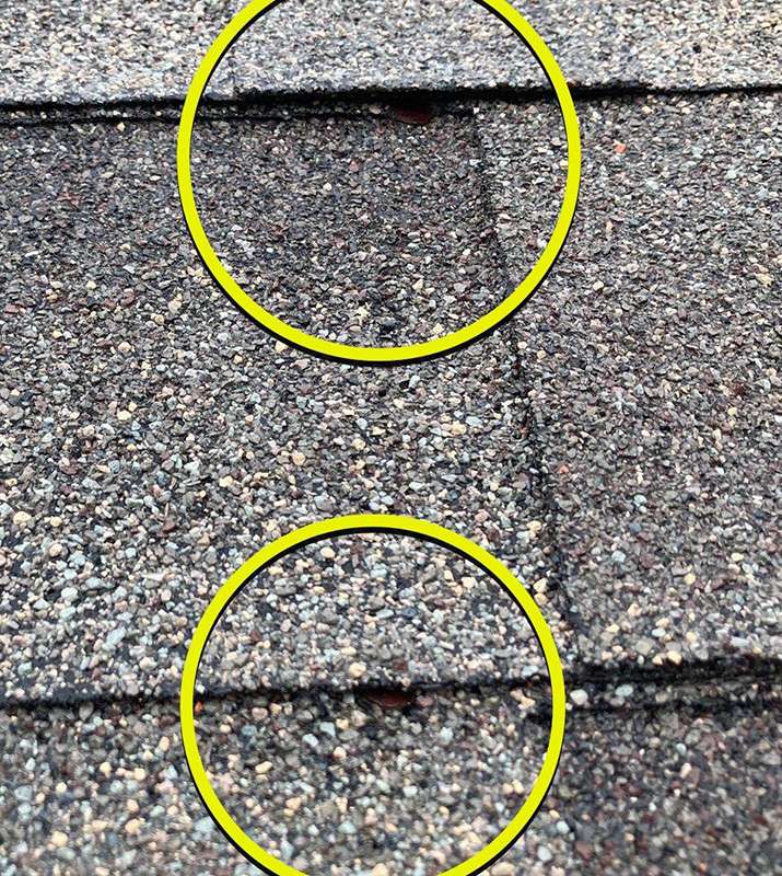 circles on a close up of roof shingles showing possible areas for leaks