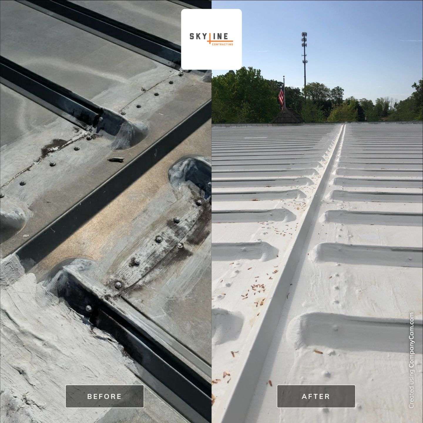 Close up of commercial roof coating before and after by skyline contracting