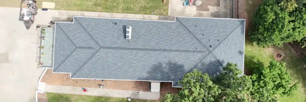 Aerial photo of a full roof surface during detailed roof inspection by Skyline Contracting in Gainesville