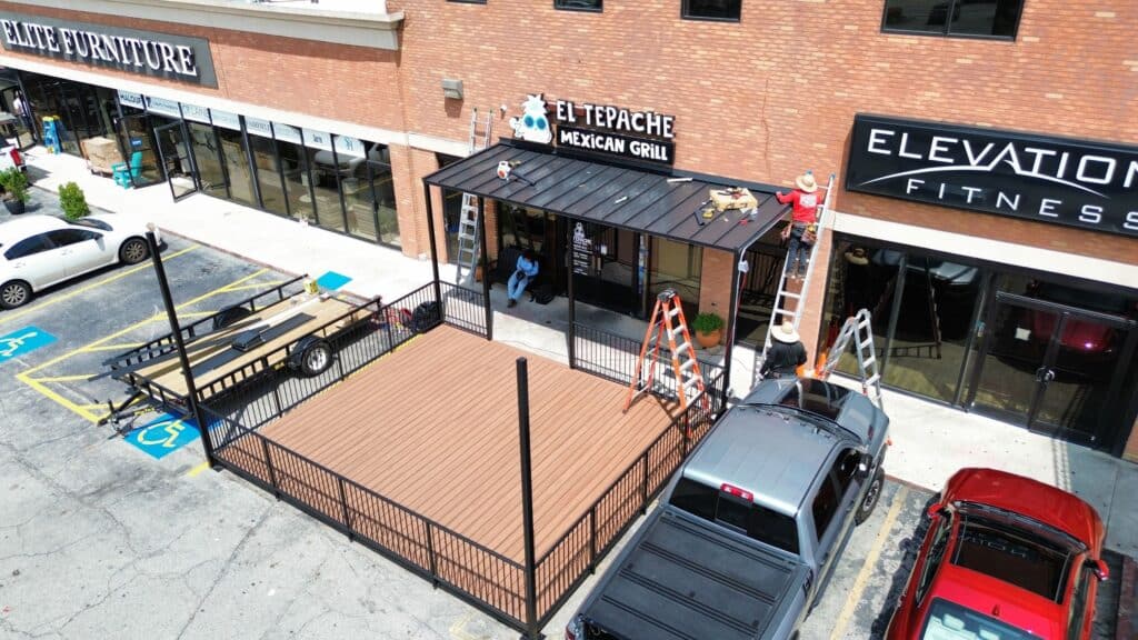 arial view of completed commercial patio roof by Skyline Contracting in Gainesville, GA