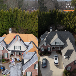 Roof replacement transformation showing construction and finished shingles, highlighting warranty‑backed roofing services in Gainesville, GA by Skyline Contracting