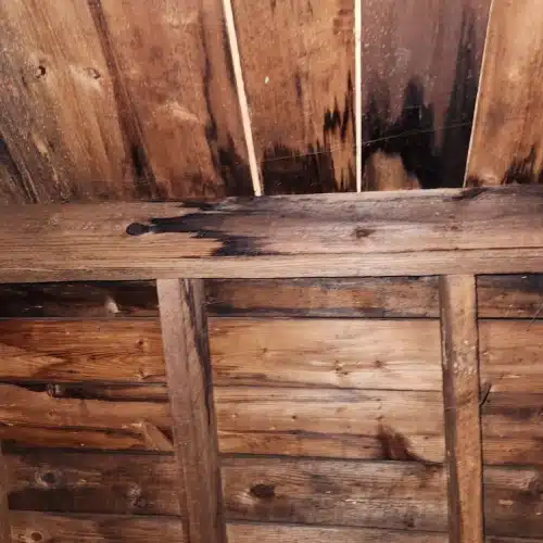 Dark stains and moisture damage on attic wood panels indicating water intrusion, signs you need a new roof, and moisture issues