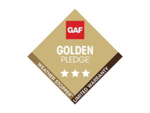 GAF Golden Pledge logo featuring Weather Stopper Limited Warranty and three stars