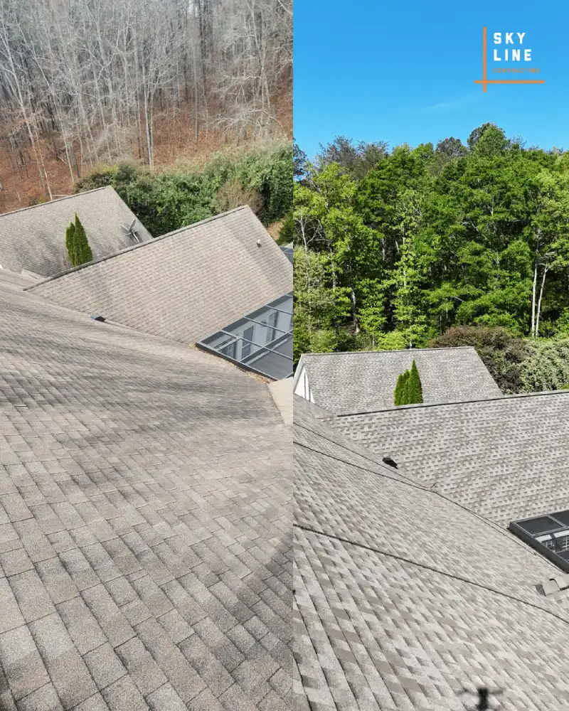 Comparison of asphalt shingle roofs in Gainesville, GA across seasons, showing skylights and fixtures, with certified roofing contractors Gainesville, GA ensuring durability in varying conditions