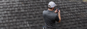 A roofing professional on a ladder using his smartphone to photograph dark grey asphalt shingles to collect data for an instant roof estimate roofing service in Gainesville by Skyline Contracting