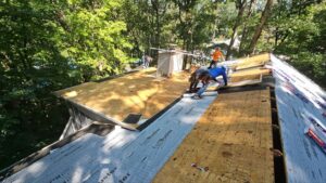 A roofing crew rolling out synthetic underlayment across bare plywood decking during an insurance roof replacement roofing service in Gainesville by Skyline Contracting